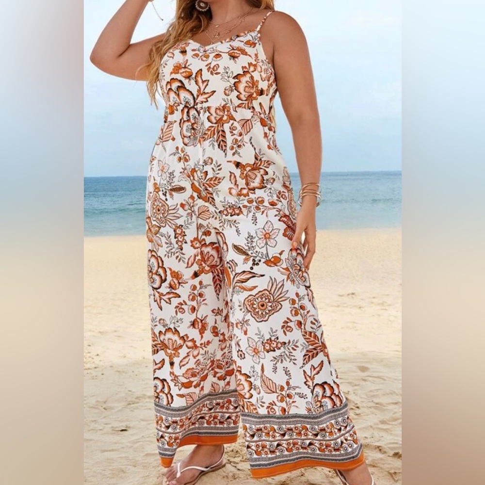 Bohemian Boho Plus Size Floral Paisley Pockets Wide Leg Pants Jumpsuit - Picture 7 of 11